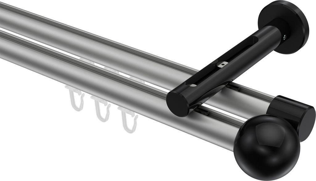 Interdeco Innenlaufstange / Gardinenstange mit Innenlauf Silbergrau / Schwarz, Typ Siteno Luino (Kugel), 20 mm Ø 2-läufig, 120 cm