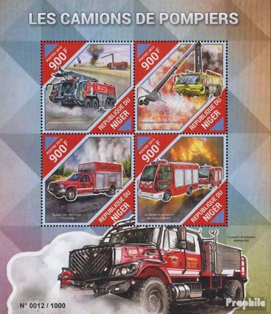 Briefmarken Niger 2015 Mi 3927-3930 Kleinbogen (kompl. Ausg.) postfrisch Feuerwehrfahrzeuge