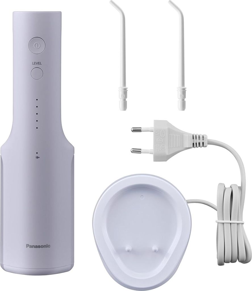 A white Panasonic water flosser set, including the main unit, two nozzles, a charging base, and a power adapter, is displayed against a white background.