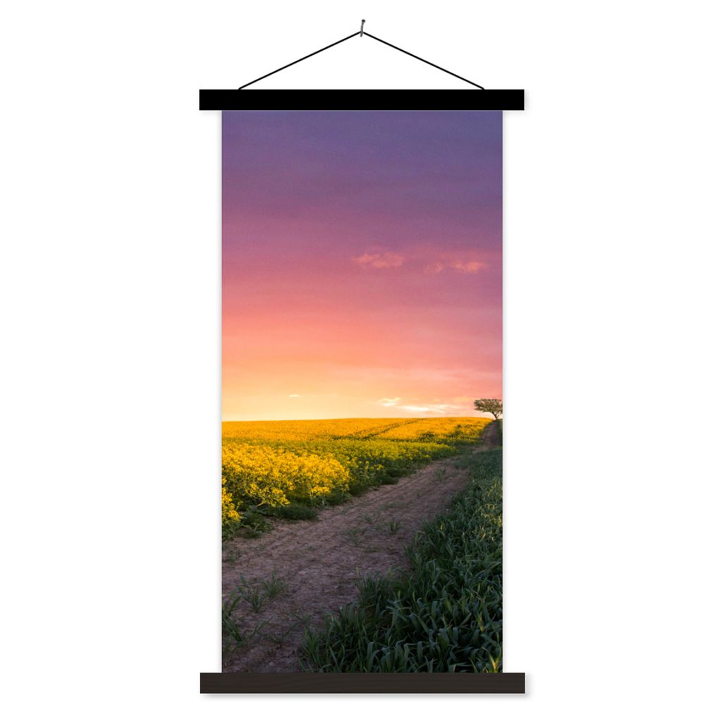 MuchoWow Textilposter Blumen - Straße - Himmel - Gelb - Lila - Sonnenuntergang - Natur 40x80 cm mit schwarzem Rahmen - Wandemalerei