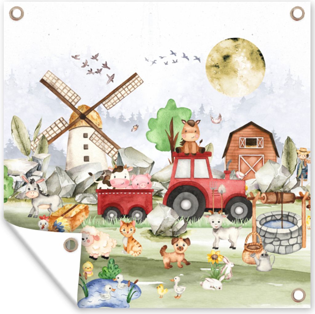 MuchoWow 50x50 cm Outdoor-Poster Gartendeko Sichtschutz Garten Poster für den Garten Bauernhof - Traktor - Kinder - Tiere