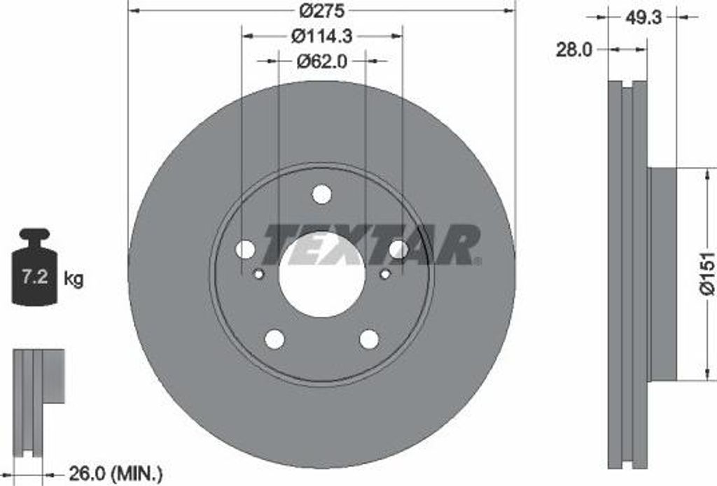 2x TEXTAR Bremsscheibe 92077703 für TOYOTA PREVIA (MCR3_ ACR3_ CLR3_) 49 3mm
