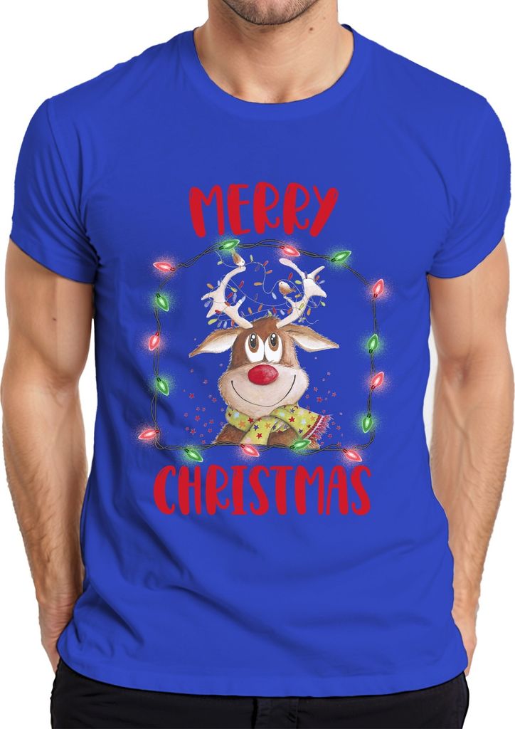 Merry Christmas Rentier Lichterkette - Weihnachten Weihnachtsgeschenk Christmas Herren T-Shirt, Blau, XXL