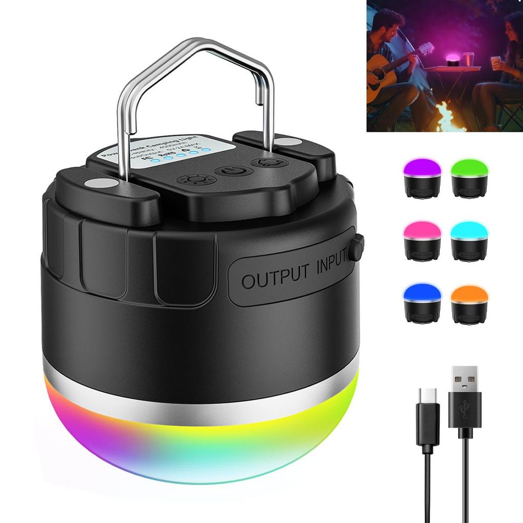 LED Campinglampe RGB wiederaufladbar 4000mAh, Outdoor Zeltlampe mit Haken & Magnet,wasserdicht, USB Campinglaterne mit Powerbank-Funktion