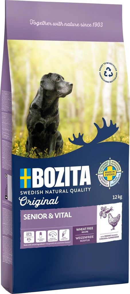 Hundefutter trocken BOZITA Original Adult Senior & Vital 12 kg , Huhn, weizenfrei, mit getrockneten Heidel- und Preisbee