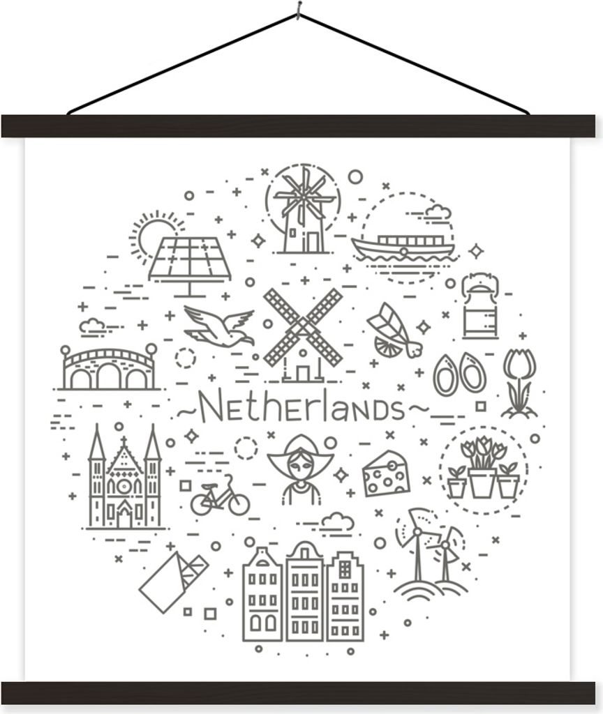 MuchoWow Textilposter Amsterdam - Symbole - Niederlande 120x120 cm mit schwarzem Rahmen - Aufhängungsset