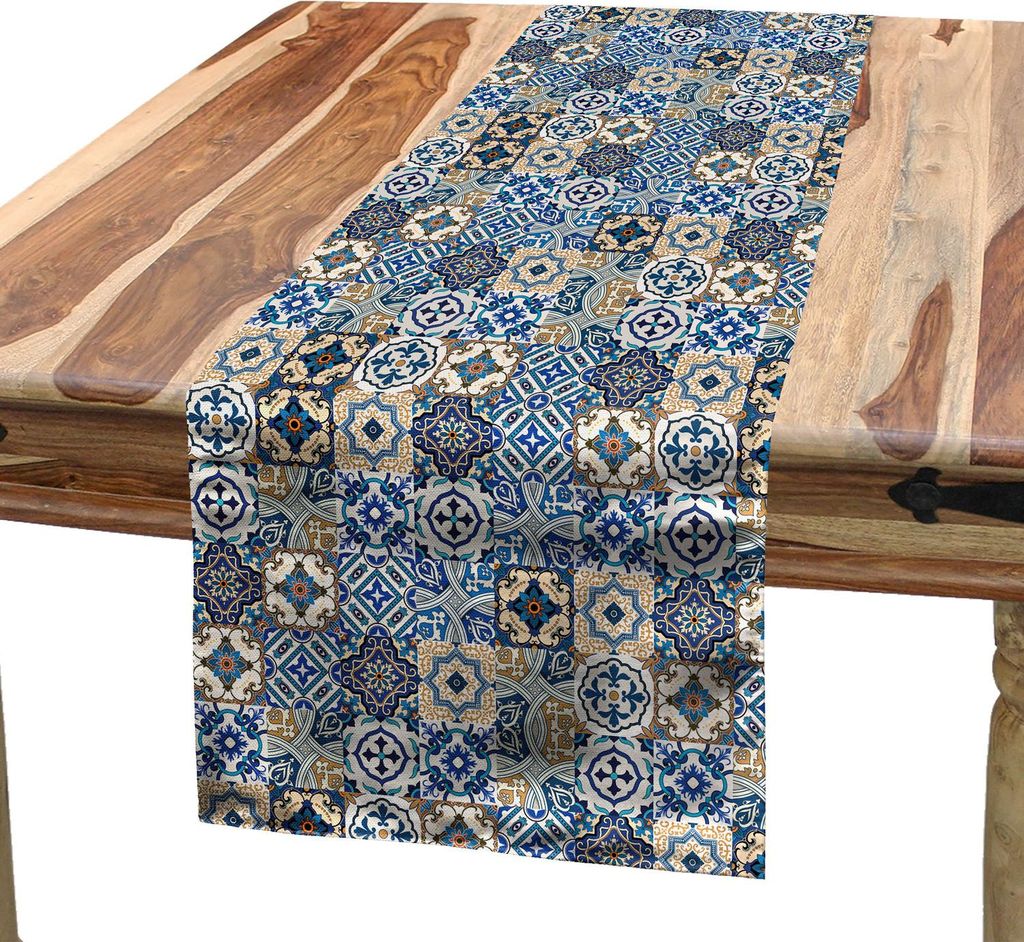ABAKUHAUS marokkanisch Tischläufer, Große Portugiesisch Taditionell Azulejo Motiv Orientalisch Locke, 40 x 180 cm, Hellbraun Weiß und Blau