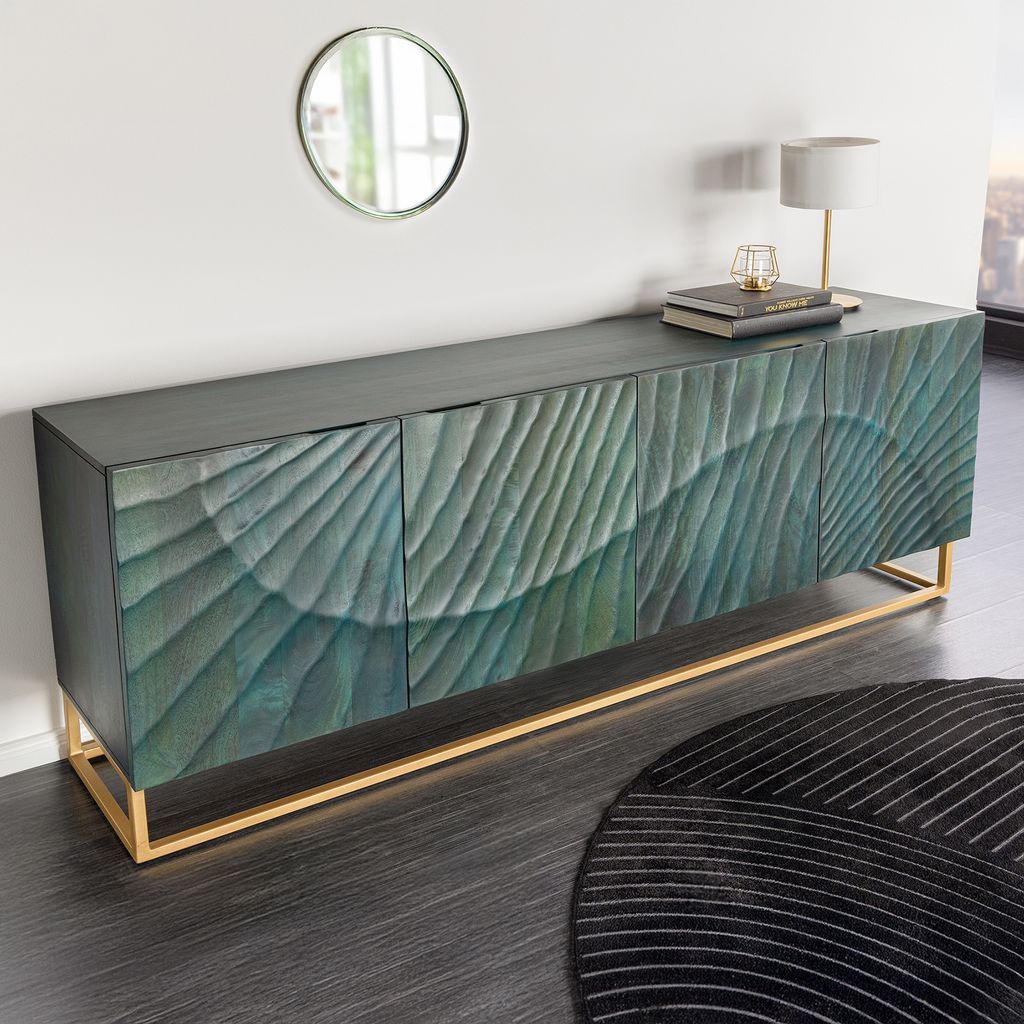 riess-ambiente Massives Sideboard SCORPION 180cm türkis Mangoholz gold Metall 3D Schnitzereien Kommode Schrank Anrichte