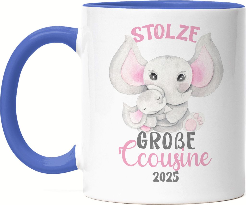 Stolze Große Cousine 2025 Tasse Blau Family Familien Zusammenhalt Geborgenheit Beschützerin Liebe Elefanten