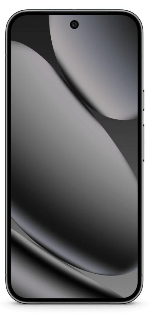 A front-facing view of a smartphone with a dark, abstract wallpaper.