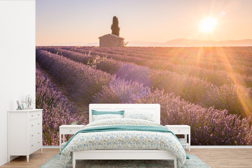 MuchoWow Fototapete für Wohnzimmer oder Schlafzimmer Wandtapete Vinyl Motivtapete Sonnenaufgang über einem Lavendelfeld - 330x220 cm - Fototapeten
