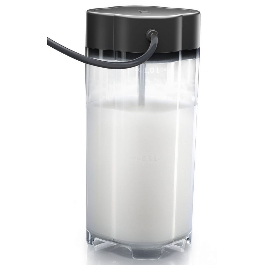 A clear, professional studio shot of a milk frother container filled with milk, set against a white background.