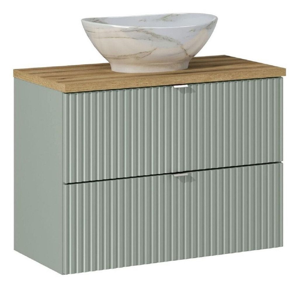 Badmöbel-Set 80 cm mit Aufsatzwaschtisch & Waschtischplatte, Line Reed Green L - Schilfgrün/ Evoke Eiche