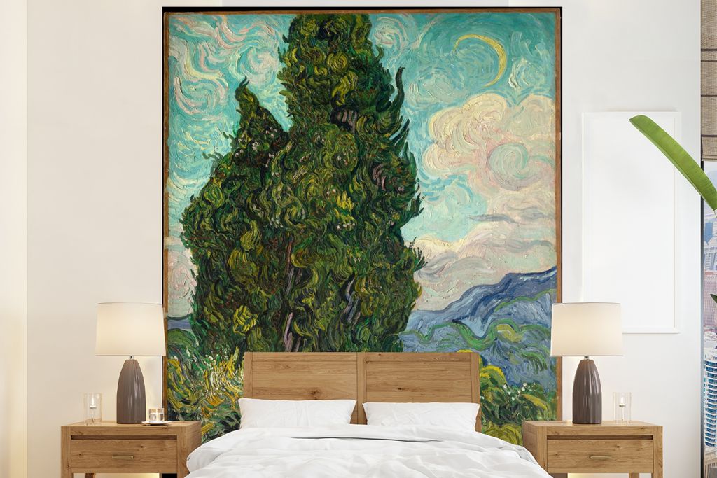 MuchoWow Fototapete für Wohnzimmer oder Schlafzimmer Wandtapete Vinyl Motivtapete Landschaft mit Zypressen - Vincent van Gogh - 180x220 cm - Tap...
