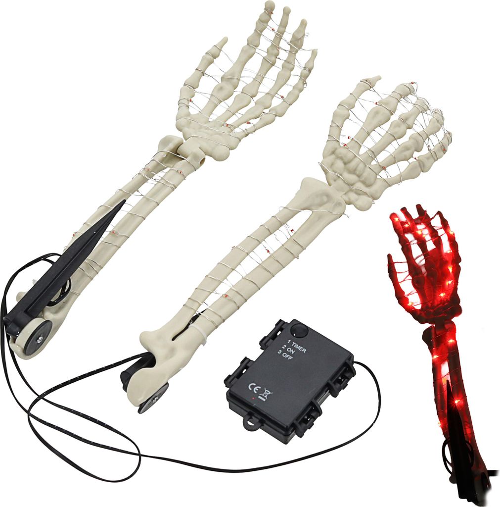 LED Skelett Hände Erdspieß 8x36cm Plastik 50 Leds rot leuchtend Timerfunktion Knochenhand Horrordekoration Outdoor