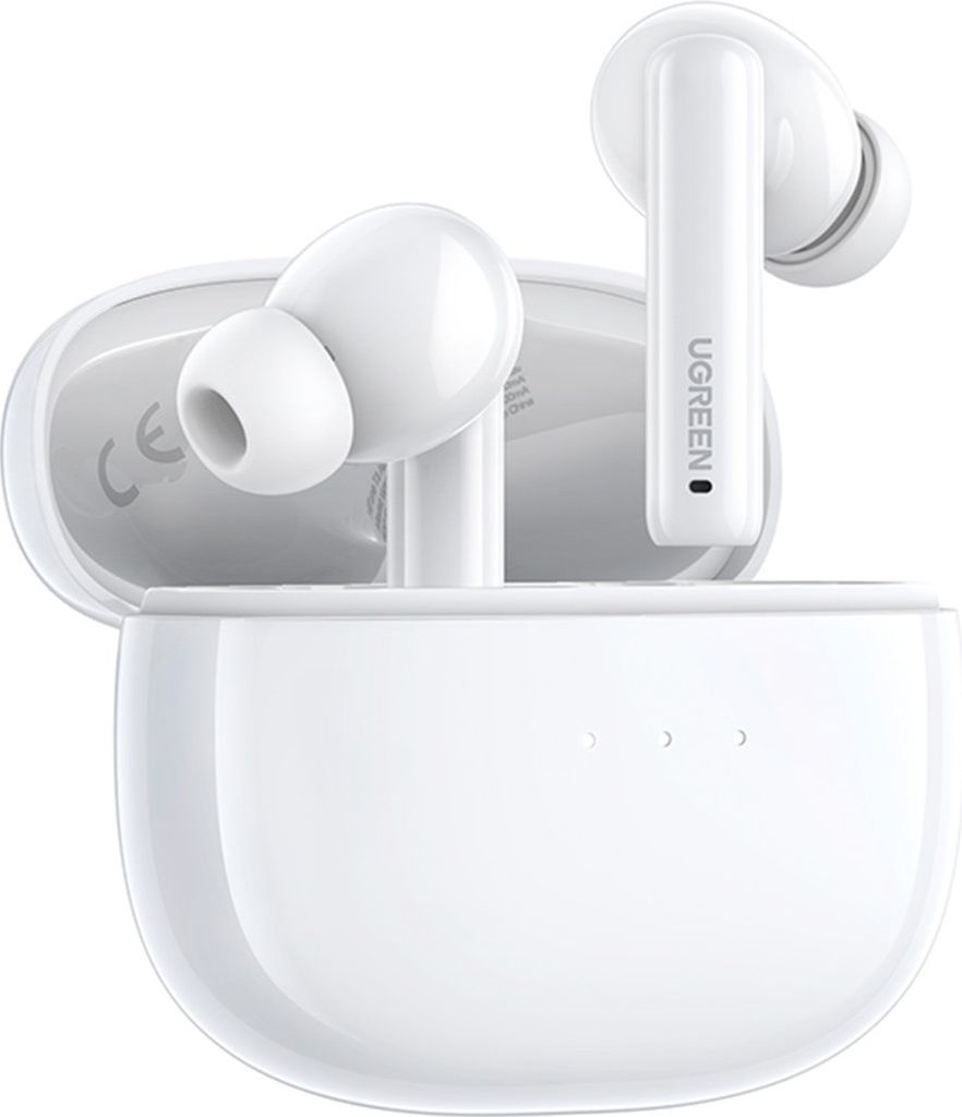 A pair of white wireless earbuds and their charging case are displayed against a white background.