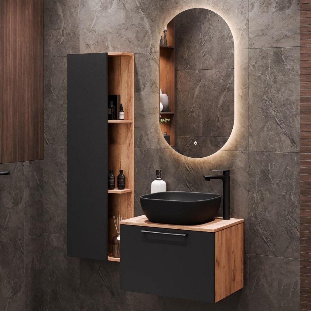 Planetmöbel Waschtischunterschrank Astra 60 cm Gold Eiche/Anthrazit mit schwarzem Waschbecken, LED-Spiegel und Seitenschrank