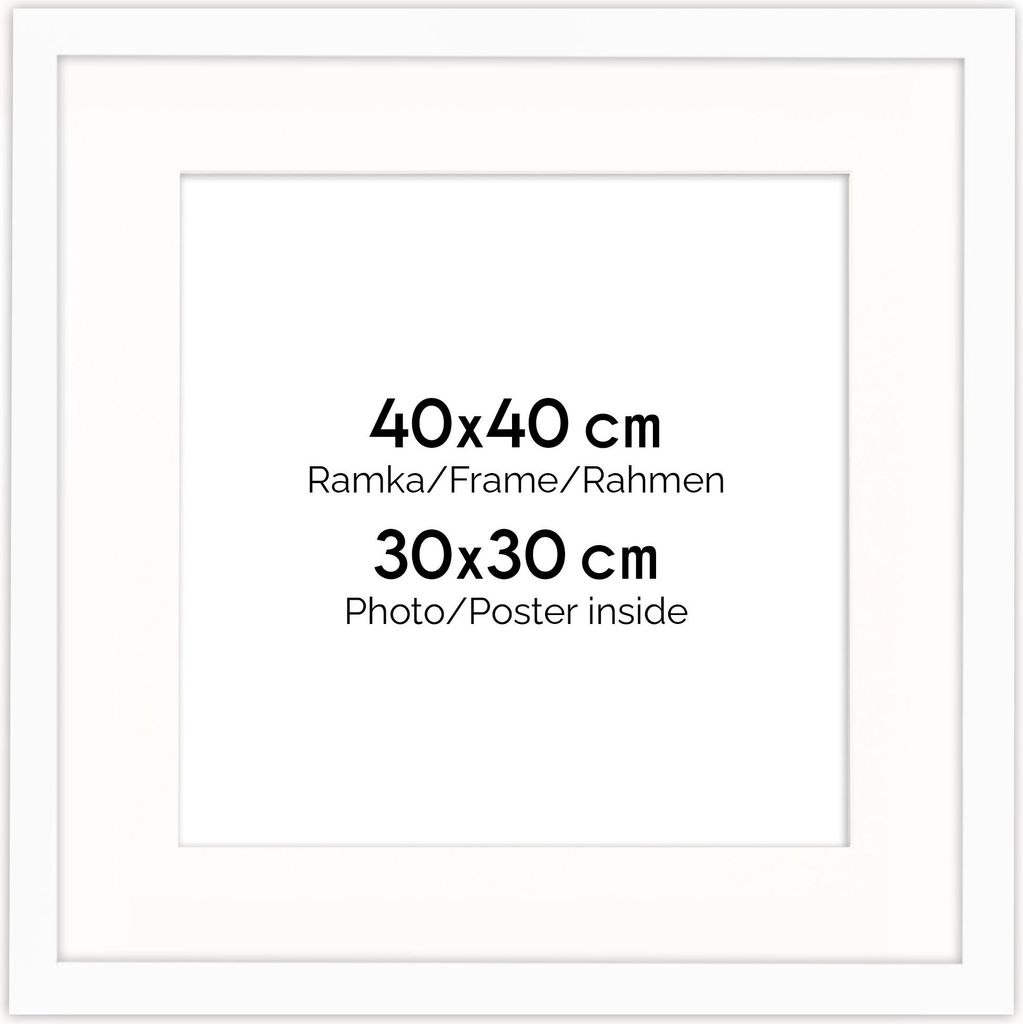 A white picture frame with text indicating its dimensions and purpose.
