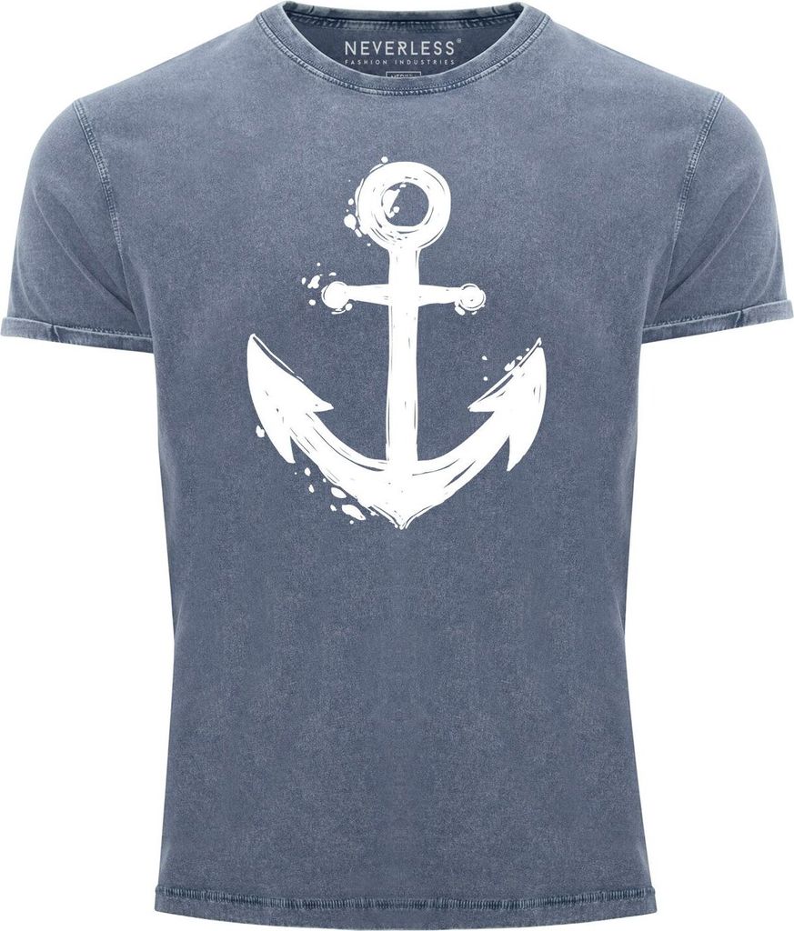 Herren Vintage Shirt mit Anker Motiv Printshirt T-Shirt Aufdruck Used Look Slim Fit Neverless blau 3XL