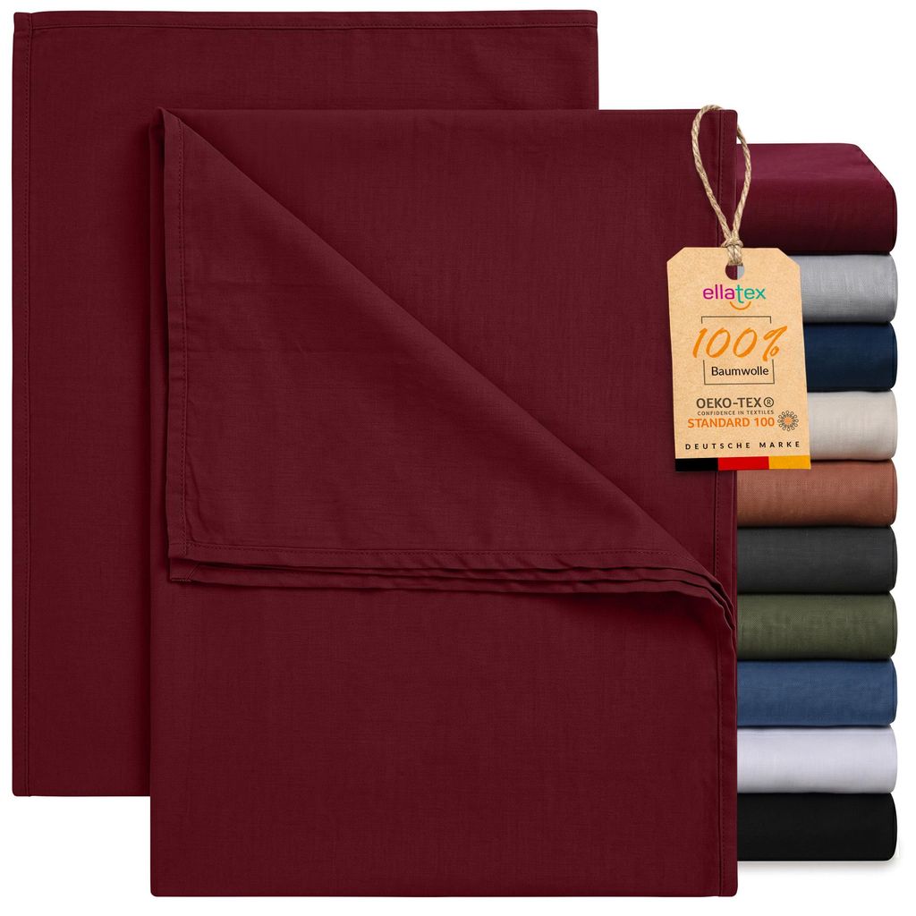 EllaTex 2er Pack Renforcé Bettlaken 220x260 Baumwolle – XXL Betttücher ohne Gummizug, Farbe: Burgund