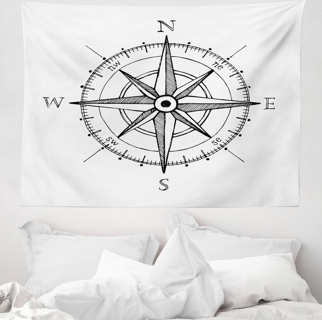 ABAKUHAUS Kompass Wandteppich, Windrose Wegbeschreibung aus Weiches Mikrofaser Stoff Waschbar ohne Verblassen Digitaldruck, 150 x 110 cm, Weiß Sch...