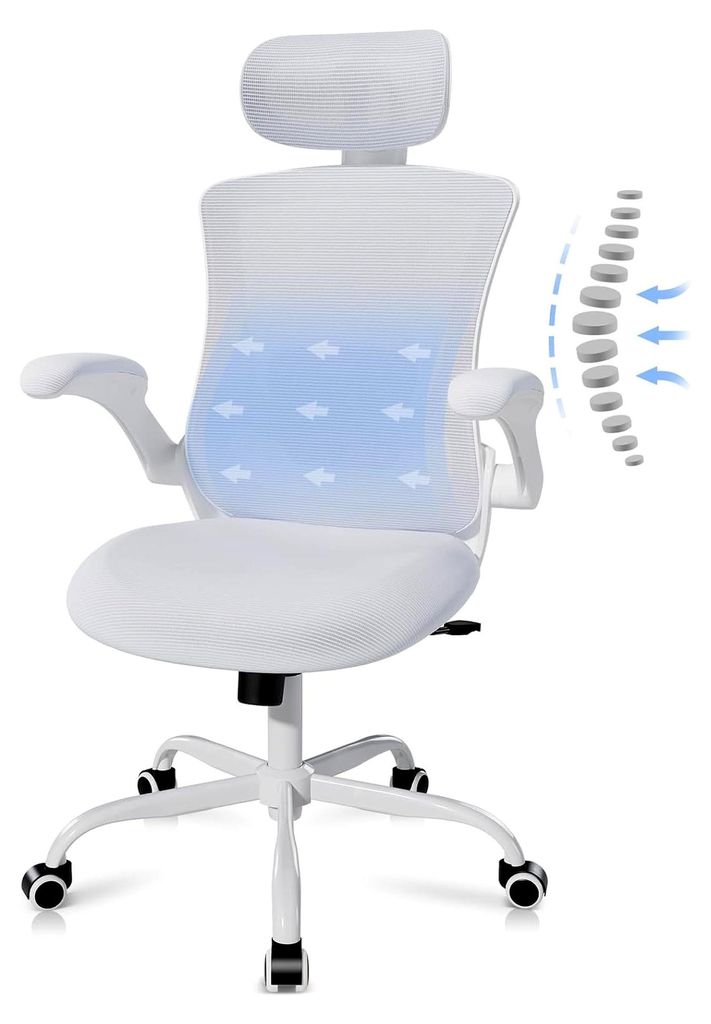Ergonomischer Mesh-Bürostuhl mit verstellbarer Kopf- und Lendenstütze, hochklappbaren Armlehnen, 140° Wipp- und Rastenfunktion, höhenverstellba...