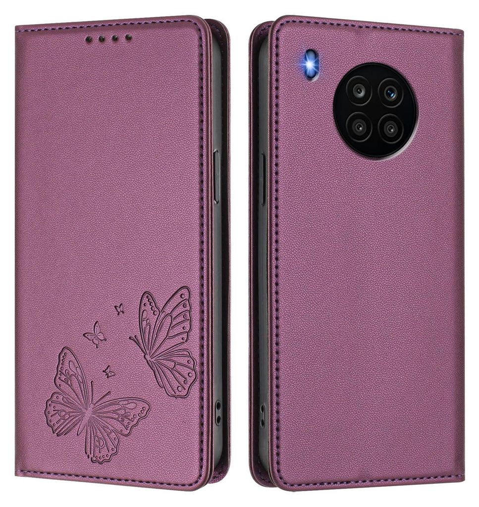 Lederhülle für Huawei Nova 8i /Honor 50 Lite, Schmetterling Prägung Leder Brieftasche Schutzhülle mit Ständer Lila