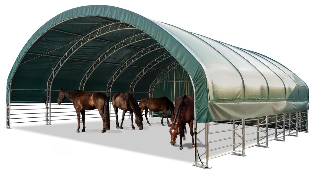 Weidezelt 10x10 m PVC Plane 2300 Newton - für Erduntergrund - vorn offen - grün