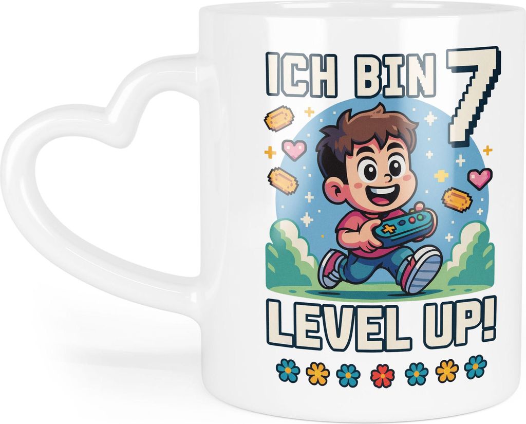 Ich bin 7 Level Up Tasse Herzhenkel Geschenkidee Kindergeburtstag Gamer Junge Mädchen 7 Jahre