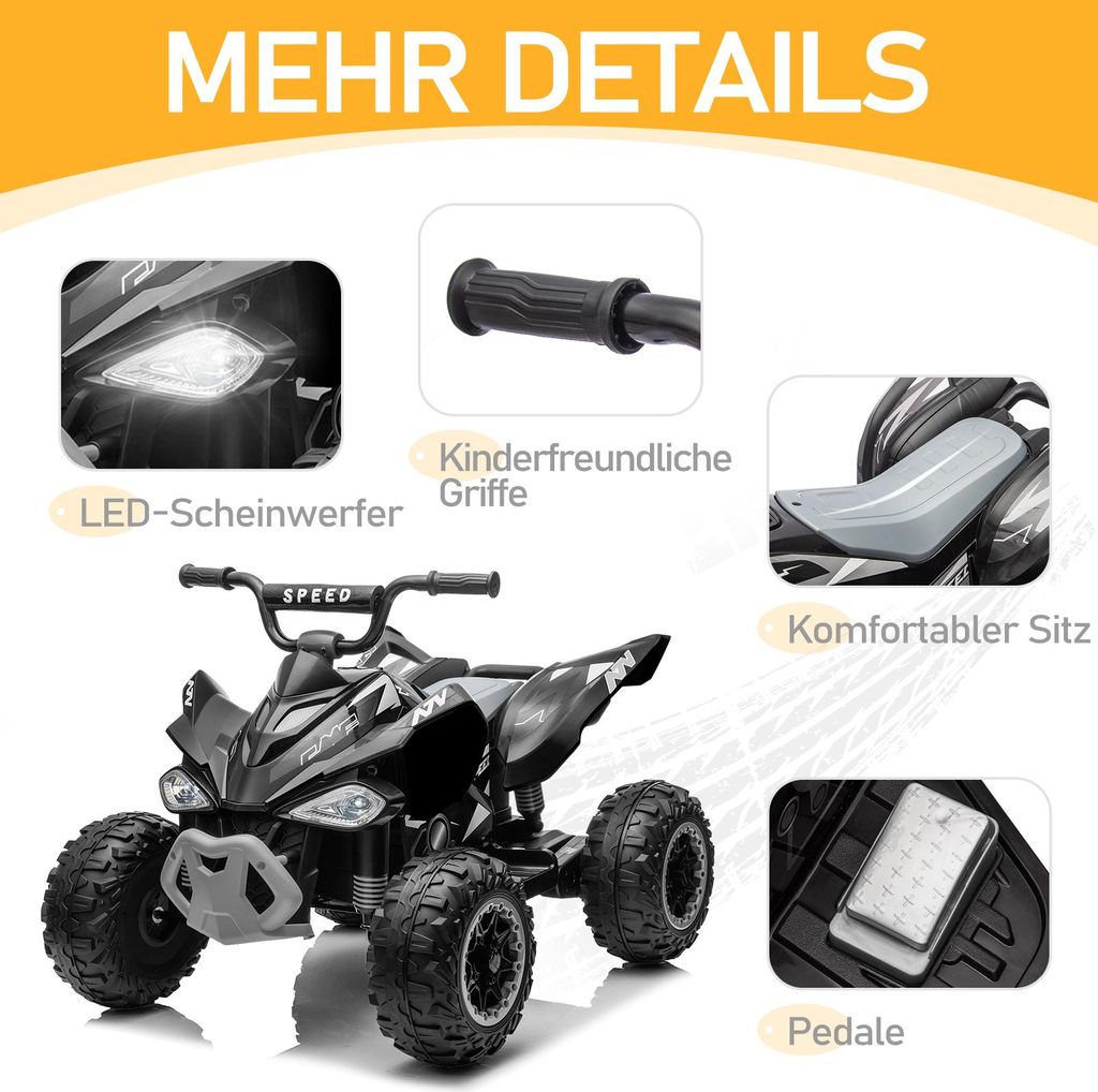 Quad électrique Enfant 12V – Double Moteur, LED, Musique, 2 Vitesses, Noir – Pour 2 à 6 Ans