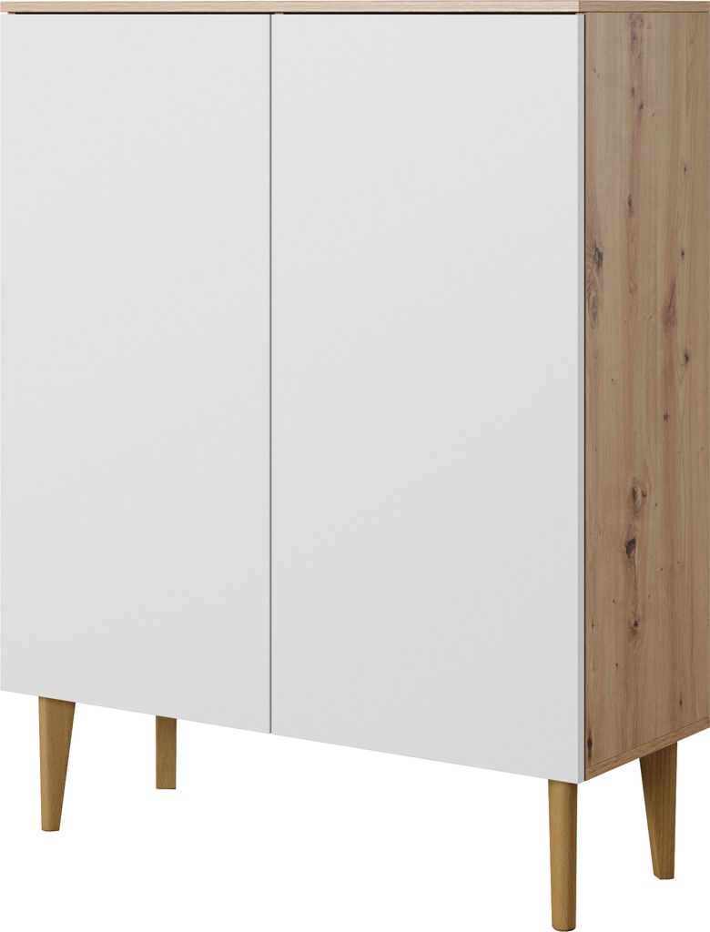 BERGEN , Standkommode, Schrank mit Türen, Wohnzimmerkommode, 100x123x37, Eiche ARTISAN, natur beine Holzbeine, skandinavischer Stil, weiße Fronten