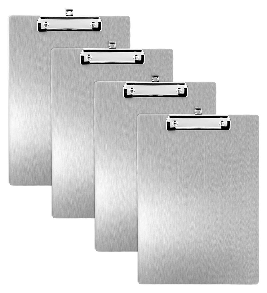 4 Stück Alu Klemmbrett A4 mit gummierter Metalklemme, Schreibbrett DIN A4 mit Aufhängeöse, Pad Halter Clipboard, Aluminium Schreibplatte für B...