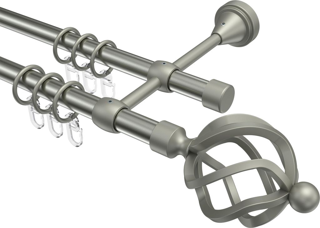 Interdeco Gardinenstange / Vorhangstange Edelstahl-Optik / Chrom matt, Typ Primus Paolo (Schmiedekugel), 16 mm Ø 2-läufig, 420 cm