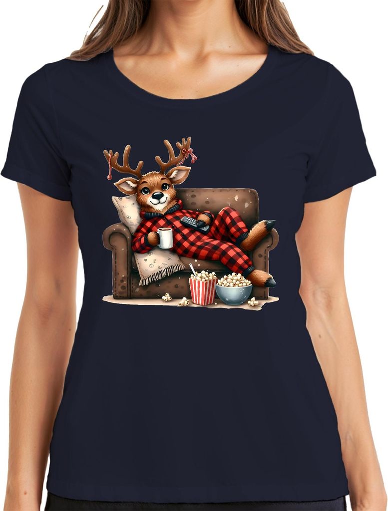 Faules Rentier Weihnachten Kinoabend Popcorn Pyjama Kuschelig Damen T-Shirt, Navy, M
