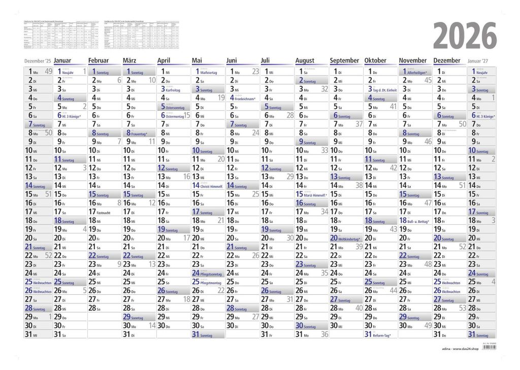 2026 ADINA Plakatkalender Wandkalender A0 119x84cm Produktbild 