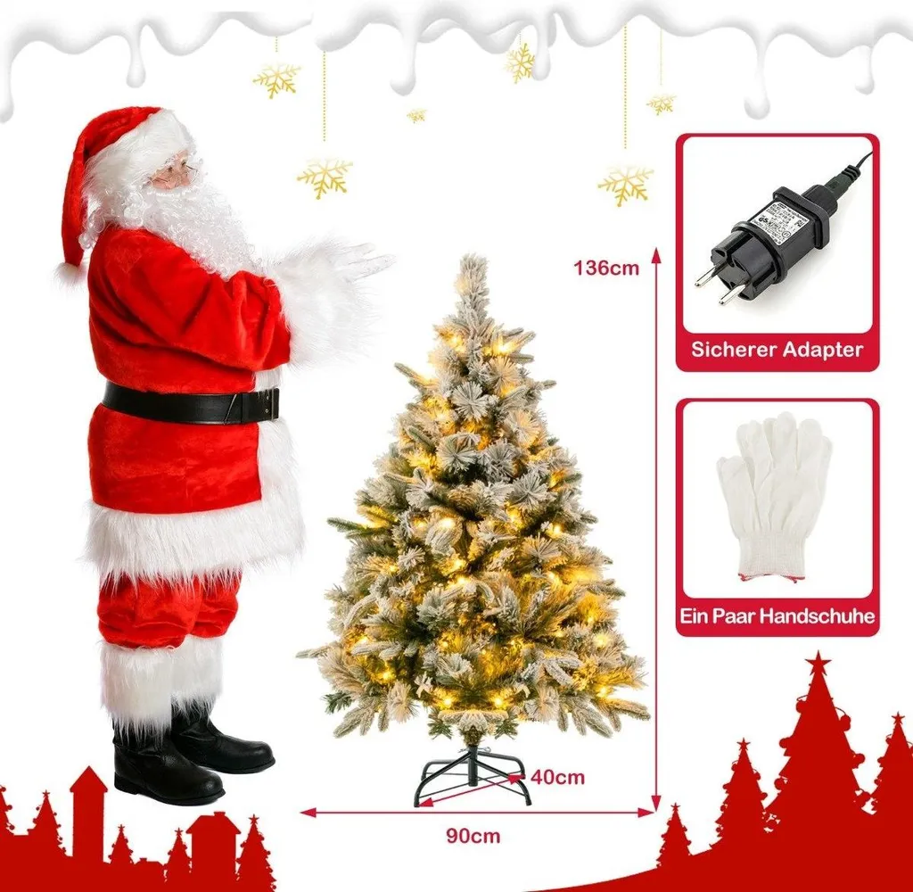 Sapin de Noël artificiel 136 cm sans perte d'épines avec LED et neige