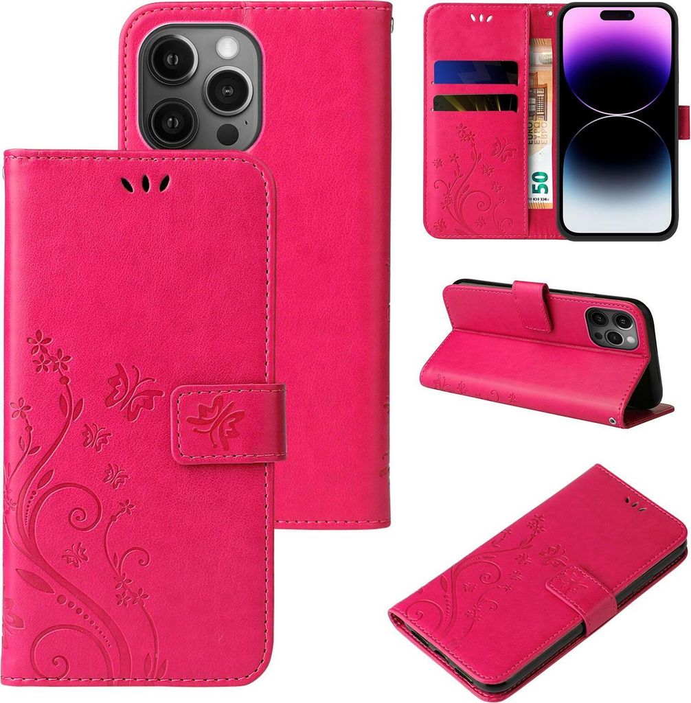 Handyhülle für Apple iPhone 14 Pro Max Floral Blumen Schmetterling Flip Cover Hülle Case Klapphülle Handytasche Farbe: Pink