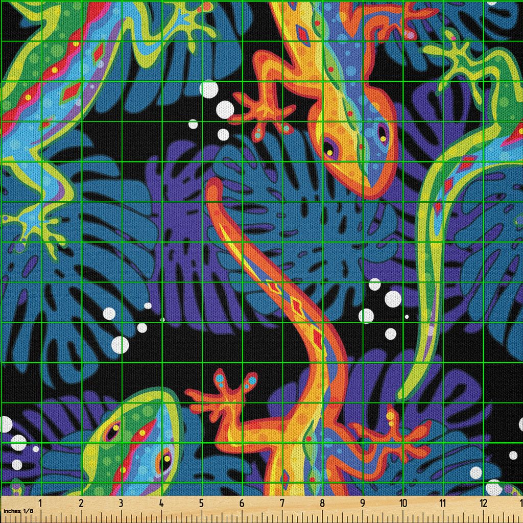 ABAKUHAUS Gecko Microfaser Stoff als Meterware , Exotische Bunte Eidechsen auf Monstera Blätter Hintergrund Tropical Flora Fauna Muster, 1 M (230 ...