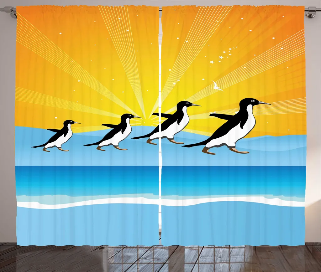 Rideau de salon rustique Penguins Gehen avec crochets 280x225cm Bleu