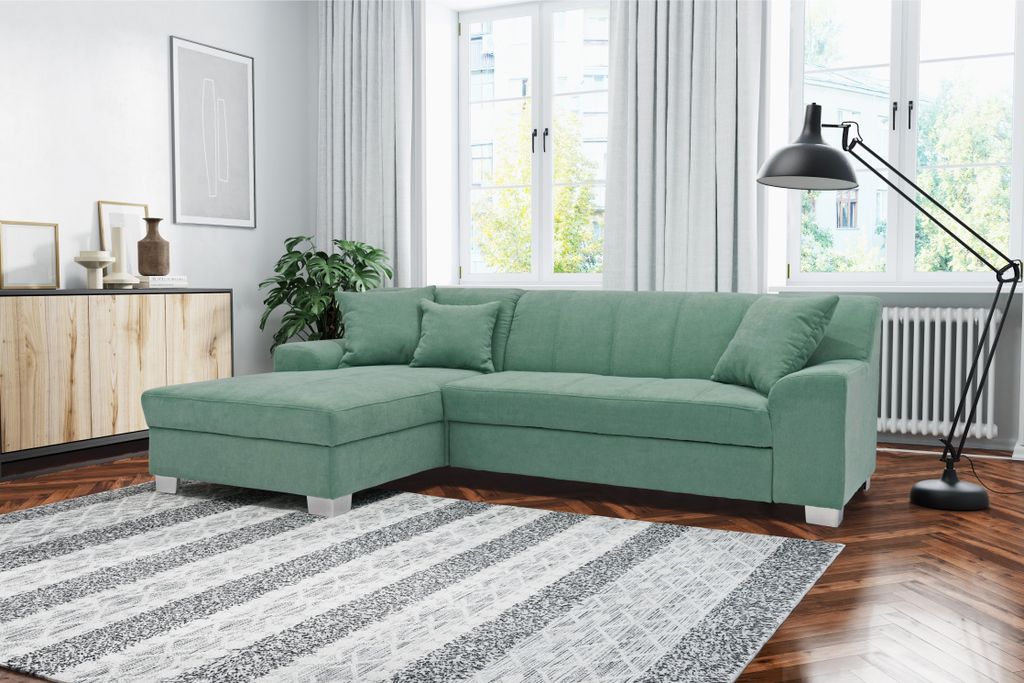 DOMO Collection Ecksofa Capri, Sofa in L-Form mit Schlaffunktion und Füßen aus Chrom, Schlafsofa, Polsterecke, 239 x 152 x 75 cm (BxTxH), mint