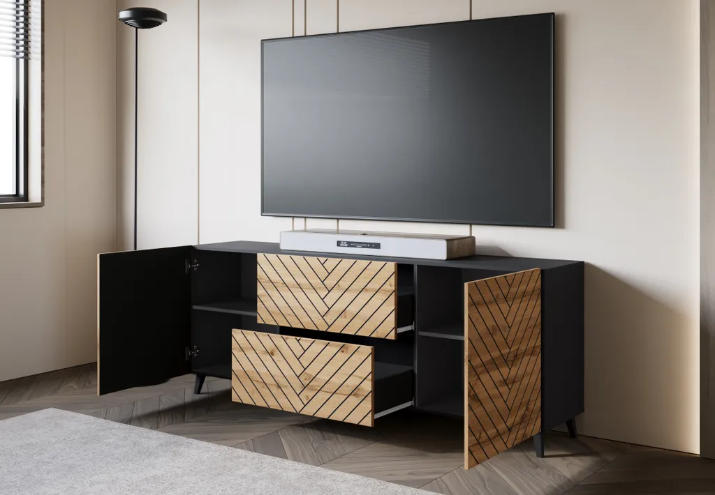 Commode 180 cm LOKET façade chevrons - Design Noir et Chêne Wotan
