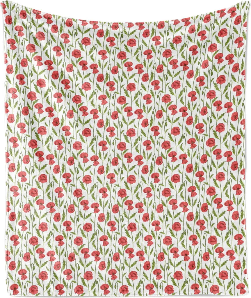 ABAKUHAUS Coperta in morbido pile di flanella con motivi floreali, strisce Mohnblu Continuing Vertically, 175 x 230 cm, corallo scuro verde oliva