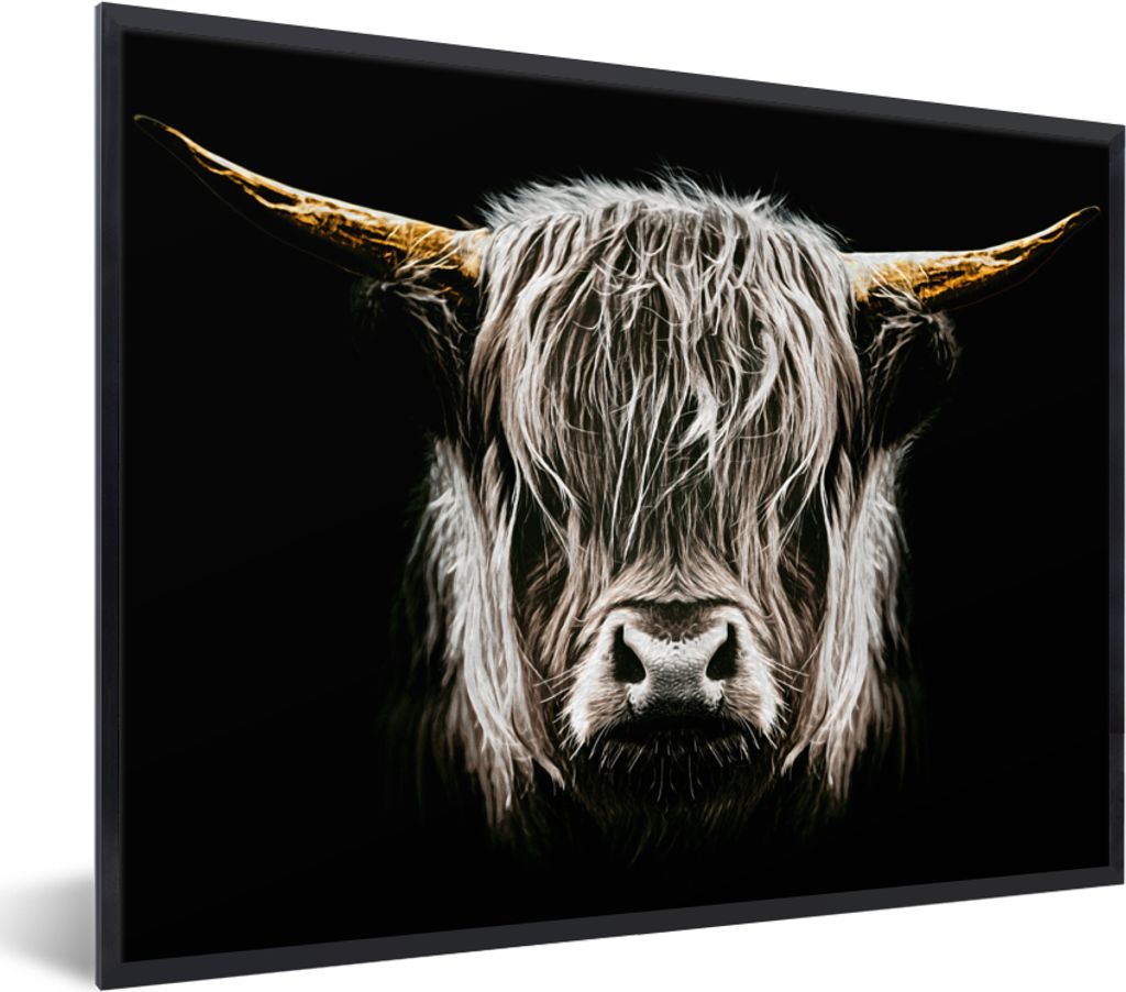 MuchoWow Gerahmtes Poster Schottischer Highlander - Gold - Hörner - Schwarz und weiß - Kuh - Tiere 80x60 cm - Poster mit Schwarzem Bilderrahmen...
