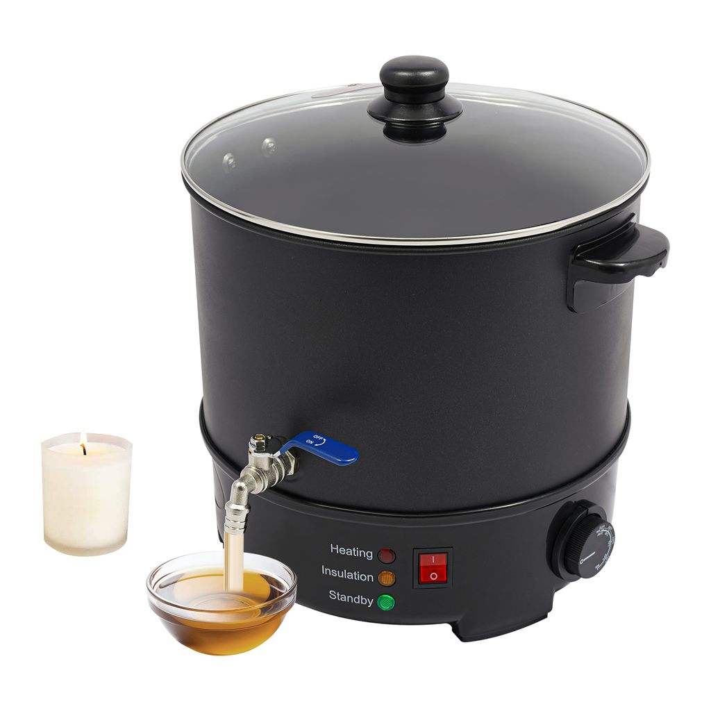 A black wax melting pot with a glass lid, a spigot, and a control panel is shown on a white background. A lit candle and a small bowl of melted wax are placed in front of the pot.