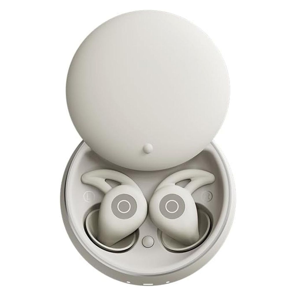 A pair of white wireless earbuds in their charging case, with the lid open.