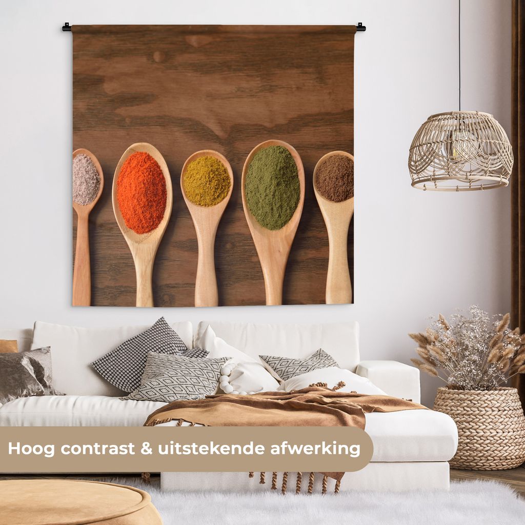 MuchoWow Wandteppich Wandbehang Schöpfkelle - Kräuter - Lebensmittel - Gewürze - Tisch 150x150 cm Tapisserie Dekoration Wandtuch - Wohnaccesso...