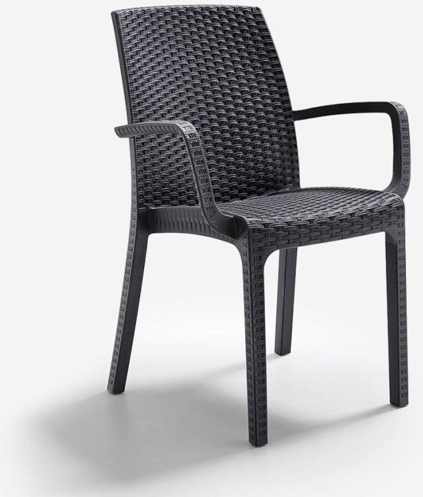 A black rattan-style armchair is shown against a white background.