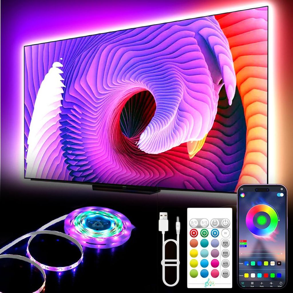 2m LED-Hintergrundbeleuchtung für TV,RGB-LED-Leiste mit Fernbedienung,Musik-Synchronisation,USB-betrieben,für Schlafzimmer Wohnzimmer Deko Beleuc...