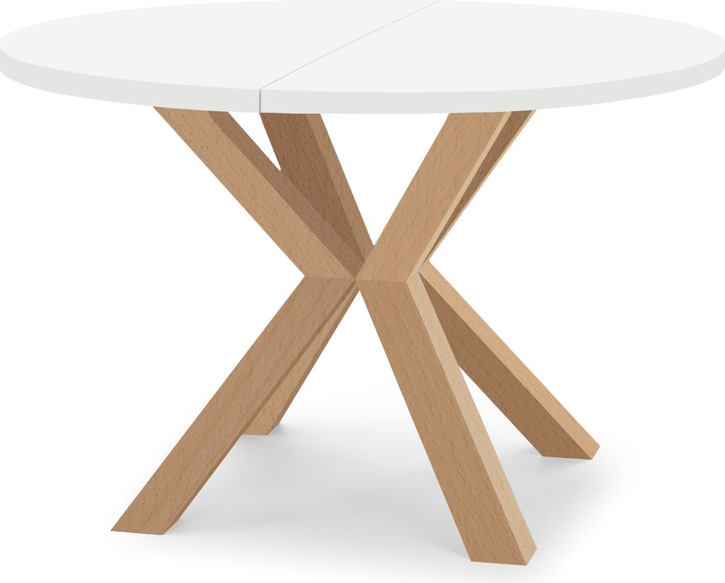 Runder Ausziehbarer Tisch für Esszimmer RAL mit Holzbeinen, Loft-Stil, Industriel, Durchmesser: 100 / 150 cm, Farbe: Weiß / Buche Natur