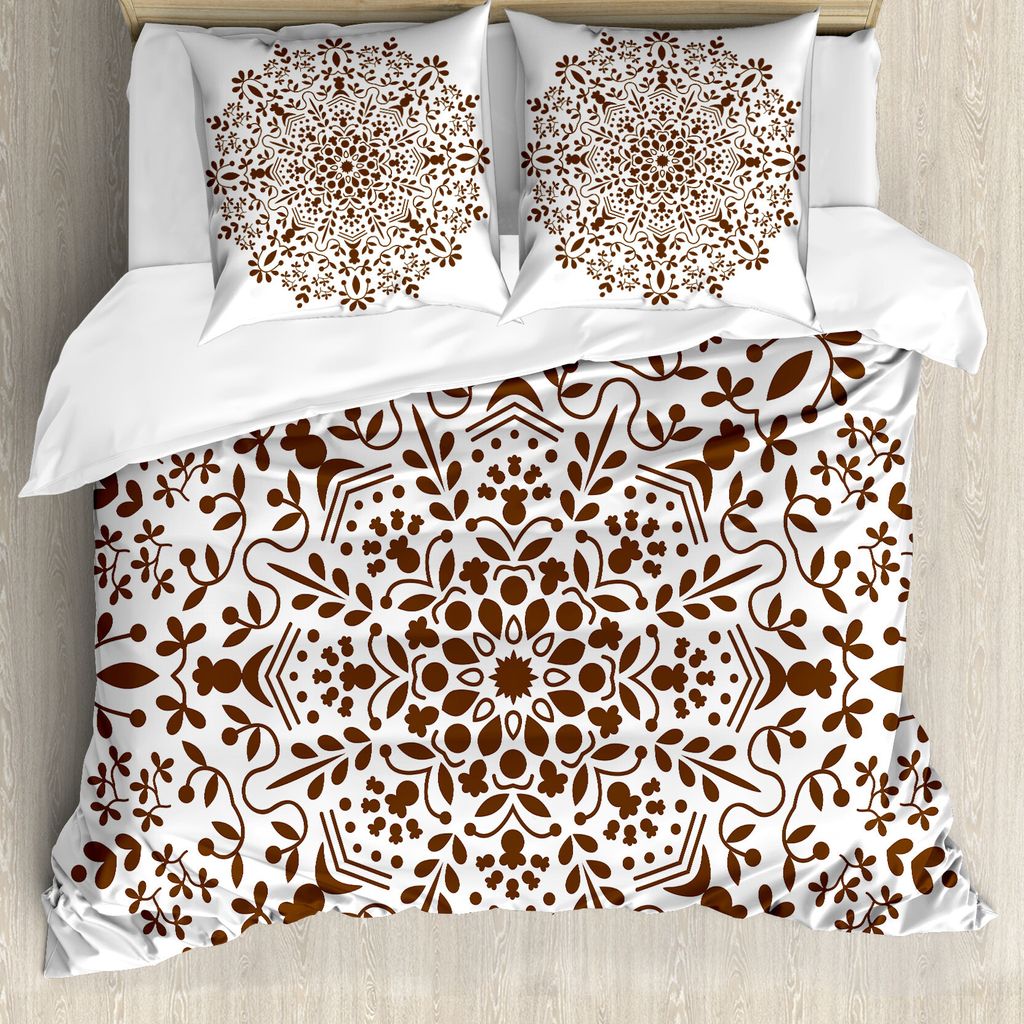 ABAKUHAUS Mandala Bettbezug, Abstract Vector Floral, Milbensicher Allergiker geeignet mit Kissenbezügen, 200 cm x 200 cm - 80 x 80 cm, Braun und w...